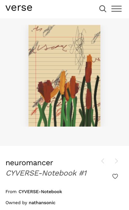 A digital artwork titled 'neuromancer' from the 'CYVERSE-Notebook #1' collection owned by nathansonic, featuring abstract floral imagery with orange and red flowers on a lined paper background.
