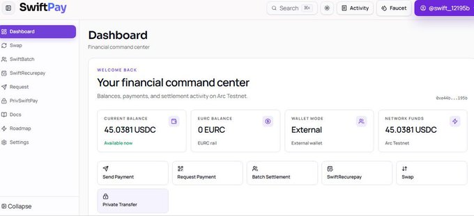SwiftPay dashboard showing a financial command center with balances on Arc Testnet, including 45.0381 USDC current balance and network funds.
