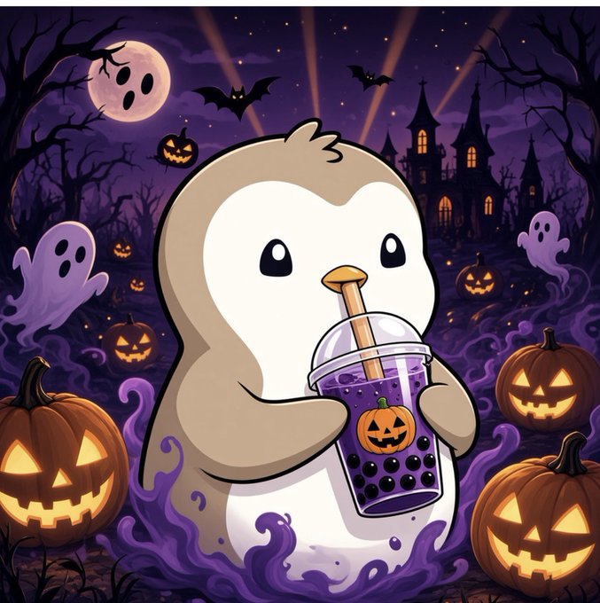 A cartoon penguin holds a Halloween-themed bubble tea cup with a jack-o'-lantern sticker, surrounded by glowing pumpkins, ghosts, bats, and a haunted castle under a full moon, matching the #SpookySzn #PudgyPenguins post about a costumed "Pengu."