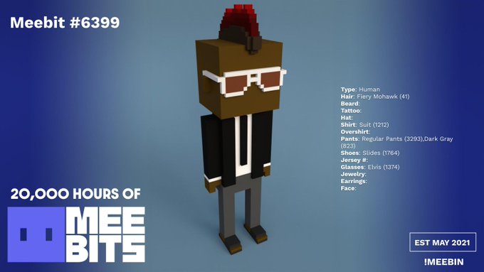 Meebit #6399, a Human character with a rare Fiery Mohawk (41 in collection), dons a Suit, Slides, and Elvis glasses, spotlighted as part of the "#20000HoursofMeebits" series (Hour 6399) with an estimated May 2021 release date.