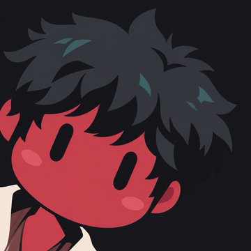 A close-up digital illustration of a character with red skin and dark, messy hair against a black background.