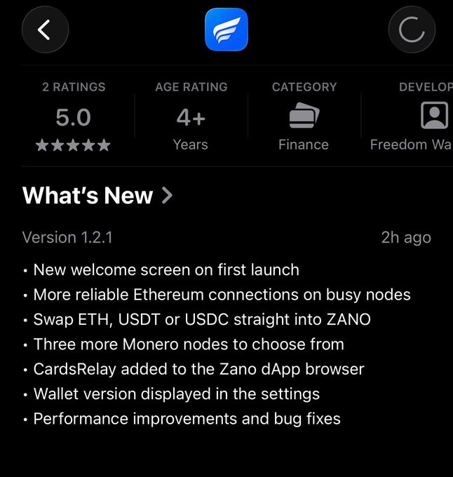 An App Store page screenshot showing the 'What's New' section for version 1.2.1 of a Finance app developed by 'Freedom Wa...', featuring a 5.0 rating and a 4+ age rating.