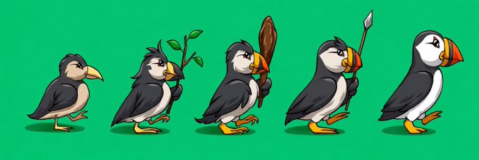 A cartoon-style evolution illustration of a puffin-like bird, progressing from a basic bird on the left to one holding a spear on the right, set against a green background.
