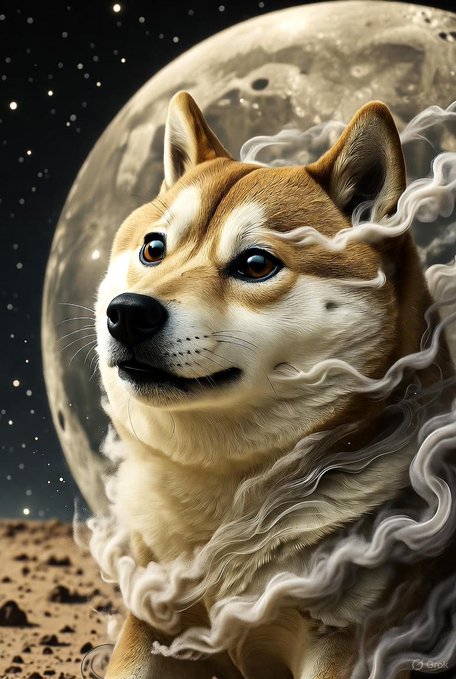 A digital artwork of a Shiba Inu dog in an astronaut helmet with a fluffy collar, set against a large moon and starry sky.