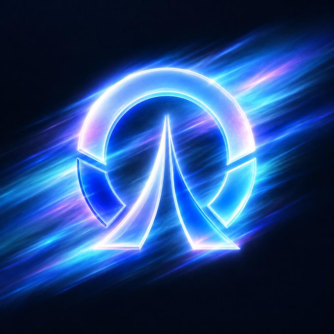 A glowing neon blue emblem resembling a stylized shield or arrowhead radiates against a dynamic background of streaking blue and purple light trails, evoking a sense of cosmic motion and energy that mirrors the tagline "ODYS never sleeps." The luminous design conveys perpetual activity and futuristic momentum, reinforcing the brand's tireless, otherworldly presence.