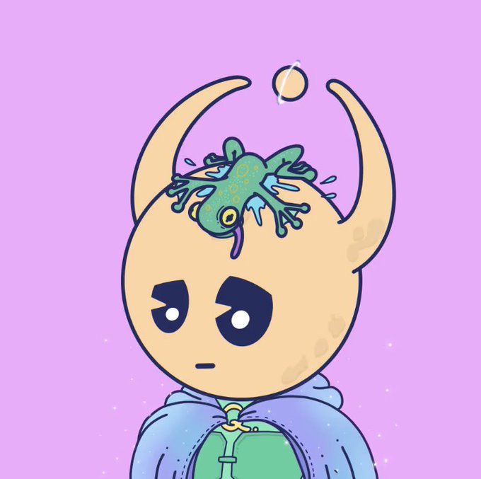 A cartoon illustration of a round, beige character with antennae, wearing a purple cloak, looking sad with a green frog-like creature splashing on its head.