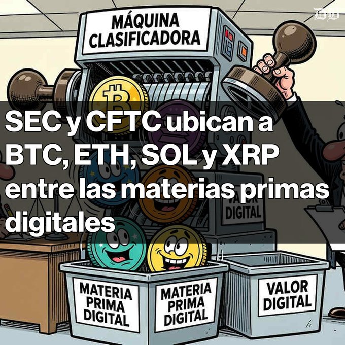 An illustration depicts cryptocurrency coins being sorted into bins labeled 'MATERIA PRIMA DIGITAL' and 'VALOR DIGITAL' by a 'MÁQUINA CLASIFICADORA', with Spanish text announcing 'SEC y CFTC ubican a BTC, ETH, SOL y XRP entre las materias primas digitales'.