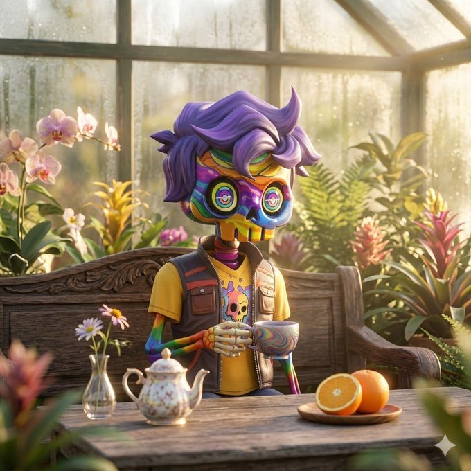 A vibrantly colored 3D-rendered PFP character with purple hair, rainbow swirl glasses, and a skull-print shirt sits on a wooden bench in a sunlit greenhouse, holding a pastel swirled mug alongside a teapot and a plate of oranges. The image visually brings the "PFP" (profile picture) NFT reference to life, depicting the character in a relaxed "GM" (good morning) coffee moment that invites the community to engage and make their own avatars stand out on the timeline.