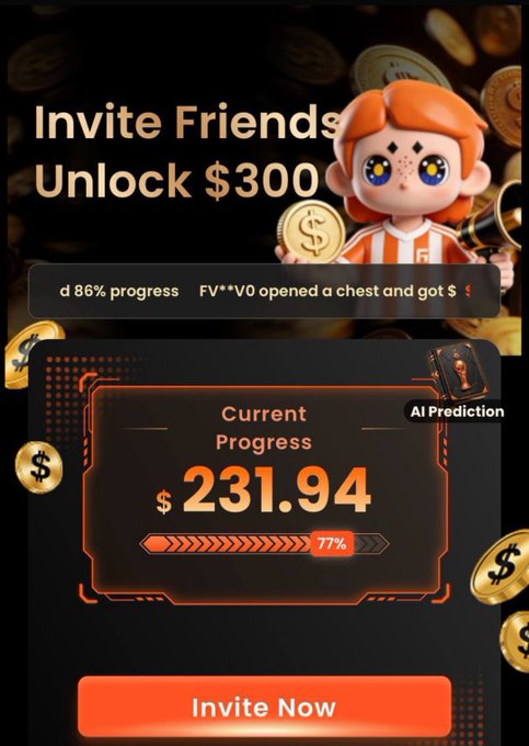 A mobile app screen for ForeGate's referral program displays "Invite Friends, Unlock $300" with a cartoon character holding coins, showing current progress of $231.94 (77%) toward the reward goal, alongside an "Invite Now" button.