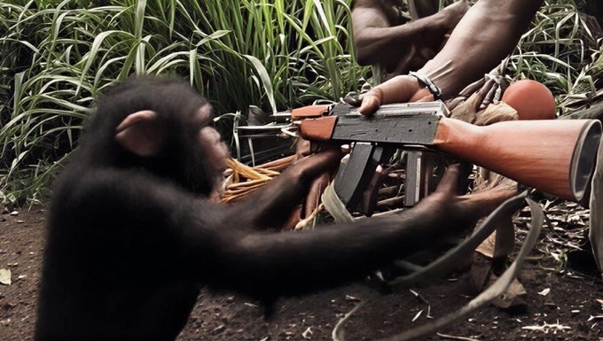 A chimpanzee reaching toward an AK-47 rifle held by a person in a natural outdoor setting.