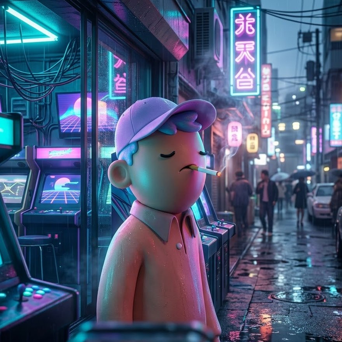 The image features a cartoon character, possibly a boy or a man, smoking a cigarette while standing on a sidewalk next to a building with neon signs. The scene takes place at night, adding an urban atmosphere to the picture. The caption "GN NFT fam. Small wins add up. Keep the vision clear." suggests that there might be some sort of art project or creative endeavor going on in this image.