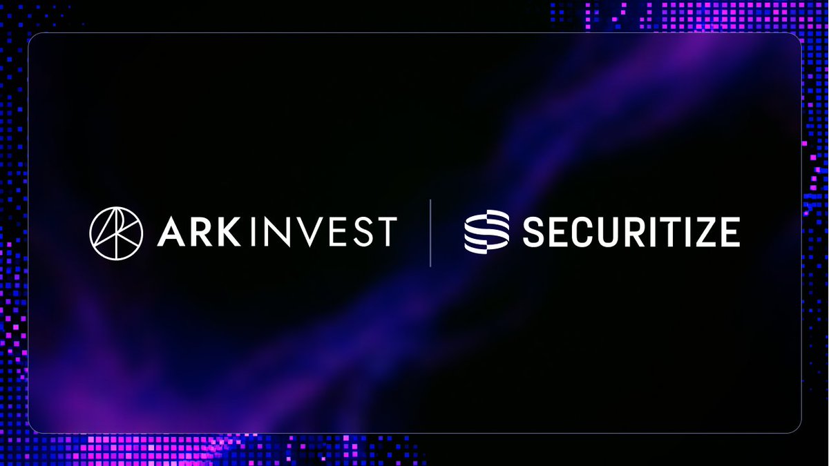 The image displays a partnership graphic featuring the "ARK INVEST" and "SECURITIZE" logos side by side against a dark background with purple and blue pixelated border accents, visually representing the collaboration to tokenize the ARK Venture Fund and advance blockchain-based capital markets.
