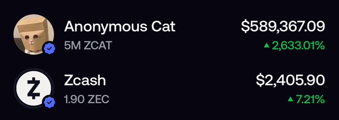 A cryptocurrency portfolio view showing 'Anonymous Cat' with 5M ZCAT valued at $589,367.09 (up 2,633.01%) and 'Zcash' with 1.90 ZEC valued at $2,405.90 (up 7.21%).
