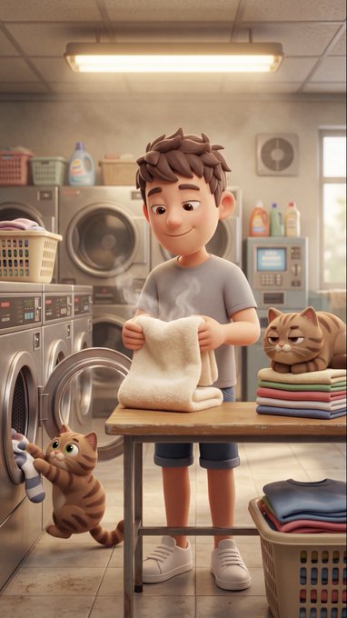 A young man folds warm laundry at a table in a laundromat while an orange cat playfully hangs from a washing machine, and another tabby rests on a neat stack of folded towels—symbolizing routine and patience, much like the timing and preparation needed for the day's crypto mint drops.