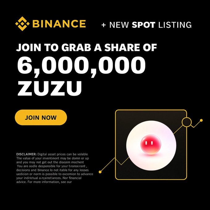 A Binance "+ NEW SPOT LISTING" promotional banner offering users a share of 6,000,000 ZUZU tokens, featuring a "JOIN NOW" button and a red orb graphic. The image appears to be a scam/fake advertisement, as the accompanying post falsely claims a $5,000,000 airdrop and lists a ZUZU token launch on Solana, neither of which is supported by the official Binance promotion shown.