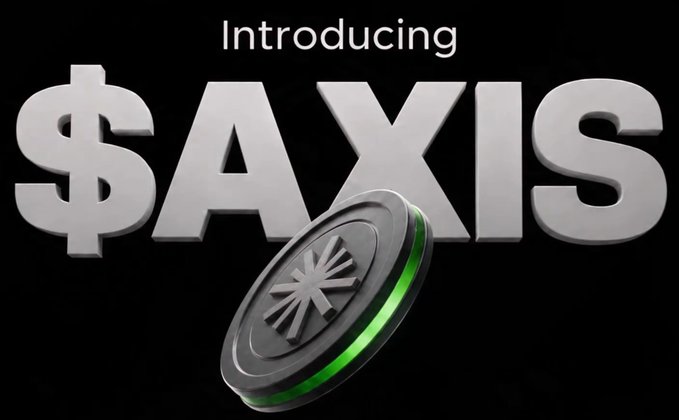 Promotional graphic reading 'Introducing $AXIS' in large silver 3D letters on a black background, featuring a circular coin with a starburst emblem and green accents.