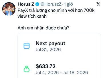 A tweet from Horus Z (@HoruszZ) celebrating receiving over 700k views, showing a PayX payout of $633.72 scheduled for Jul 4, 2026 - Jul 18, 2026.