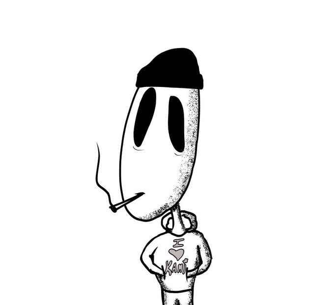 A simple black and white cartoon drawing of a character wearing a beanie and a hoodie with 'I ❤ KAWAII' printed on it, smoking a cigarette.