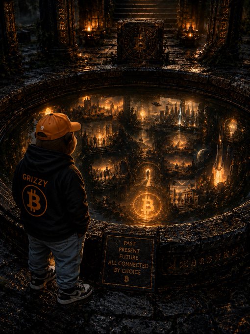 A dark fantasy artwork of a person in a 'GRIZZY' Bitcoin hoodie gazing into a glowing circular crypt featuring a Bitcoin symbol and the text 'PAST PRESENT FUTURE ALL CONNECTED BY CHOICE'.