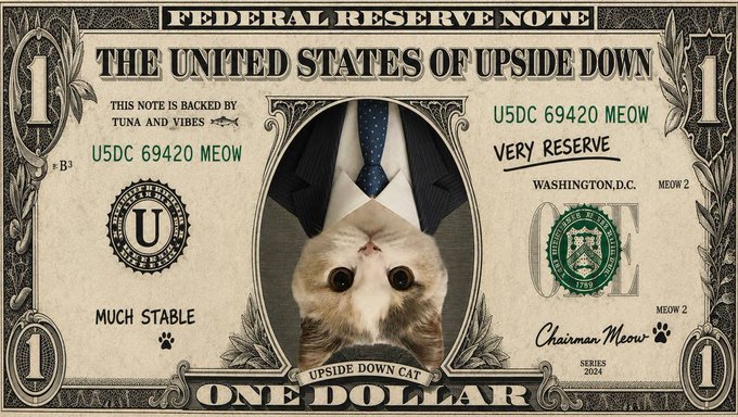 The image features a one-dollar bill with an illustration of a cat dressed as a businessman wearing a suit and tie. This creative representation of a cat dressed like a businessman is likely meant to be humorous or whimsical, possibly referencing the USDC's slogan "Flip Your Pfp!" The post about the USDC suggests that this image might be related to a political campaign or an advertisement for a product or service.