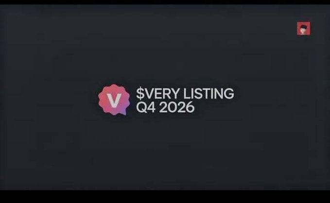 A graphic displays the "$VERY LISTING Q4 2026" with a stylized "V" logo against a dark background, illustrating the post's explanation that $VERY is expected to go live on exchanges in the fourth quarter of 2026.
