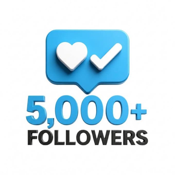 A graphic with a blue speech bubble containing a white heart and checkmark, above the text '5,000+ FOLLOWERS'.