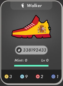 The image shows a STEPN sneaker NFT profile card titled "Walker," featuring a shoe designed with the Spanish flag and coat of arms, numbered #338192433 at Mint 0, Lv 0, which aligns with the post celebrating Spain and walking in the STEPN game.