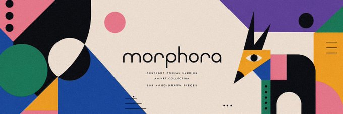 A colorful promotional banner for 'morphora', an abstract animal NFT collection featuring 999 hand-drawn pieces, with geometric shapes and a stylized animal face.