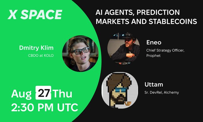 Promotional graphic for an X Space titled "AI Agents, Prediction Markets and Stablecoins," hosted by Dmitry Klim (CBDO at KOLO) on August 27 Thursday at 2:30 PM UTC, featuring guests Eneo (Chief Strategy Officer, Prophet) and Uttam (Sr. DevRel, Alchemy)—visually corresponding to the post announcing the live discussion with these same speakers.