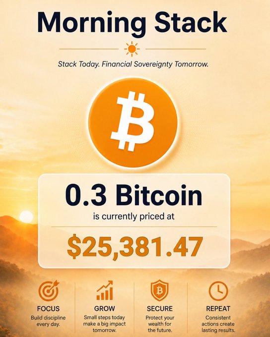 A 'Morning Stack' promotional graphic shows a Bitcoin logo with text reading '0.3 Bitcoin is currently priced at $25,381.47' alongside icons labeled FOCUS, GROW, SECURE, and REPEAT.