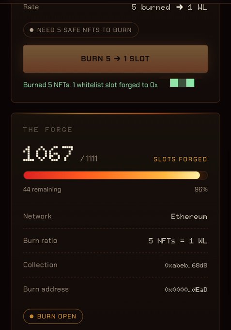 The image shows a burning interface for "The Force" collection on Ethereum, displaying a burn ratio of 5 NFTs = 1 WL slot, with 1067 out of 1111 whitelist slots already forged (96% complete, 44 remaining). A confirmation message reads "Burned 5 NFTs. 1 whitelist slot forged to 0x," confirming the successful burn of Pic2cells to obtain a whitelist spot, as referenced in the post.