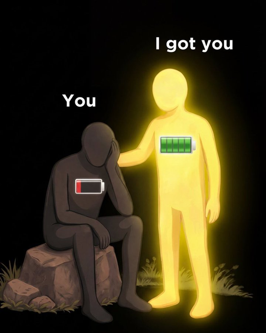 An illustration depicting a gray figure labeled 'You' sitting with a nearly depleted battery, comforted by a glowing yellow figure labeled 'I got you' with a full green battery.