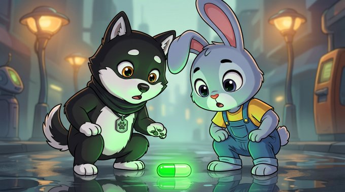 A cartoon husky and bunny gaze down at a glowing green pill on a city street, symbolizing discovery and curiosity. The whimsical characters represent the youthful learners supported by a $162,000 donation in $MAME tokens to Giggle Academy, advancing free education for the next generation.
