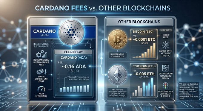 The image shows a graph illustrating the average transactions cost at Cardano compared to other blockchain services like Bitcoin. The graph reveals that despite being among the lowest fees in terms of transaction costs, Cardano still pays under 0.2 ADA on average. Additionally, the number of hacks is extremely low and the network's security is high. It emphasizes that these features make it practical for everyday use and micro-payments rather than just holding coins or tokens as the initial investments.