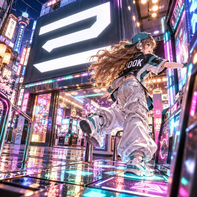 An anime-style illustration of a girl with long brown hair wearing a teal cap, white crop top with 'BOOK' written on it, and baggy pants, dancing in a vibrant, neon-lit city street at night.