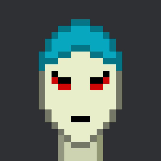 Pixel art character portrait showing a pale-skinned figure with teal hair and red-black eyes, rendered in a blocky retro video game style.