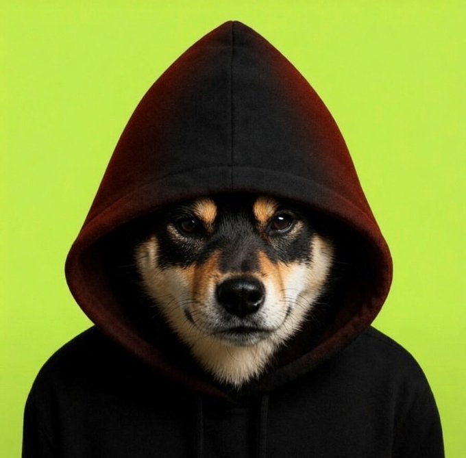A portrait of a dog wearing a black hood pulled up over its head against a bright green background.