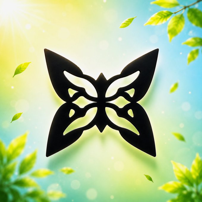 A stylized black butterfly silhouette with intricate cut-out patterns set against a soft pastel background of blue, yellow, and green with floating leaves and bokeh light effects.