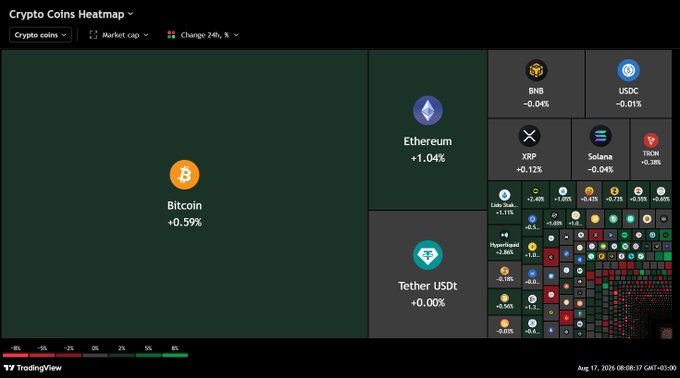 A Crypto Coins Heatmap from TradingView dated August 17, 2024, showing minor 24-hour price changes across major cryptocurrencies, including Bitcoin (+0.59%), Ethereum (+1.04%), Tether USDT (0.00%), BNB (-0.04%), USDC (-0.01%), XRP (+0.12%), Solana (-0.04%), and TRON (-0.38%), illustrating the flat, low-volatility market conditions referenced in the post about waiting for a breakout.