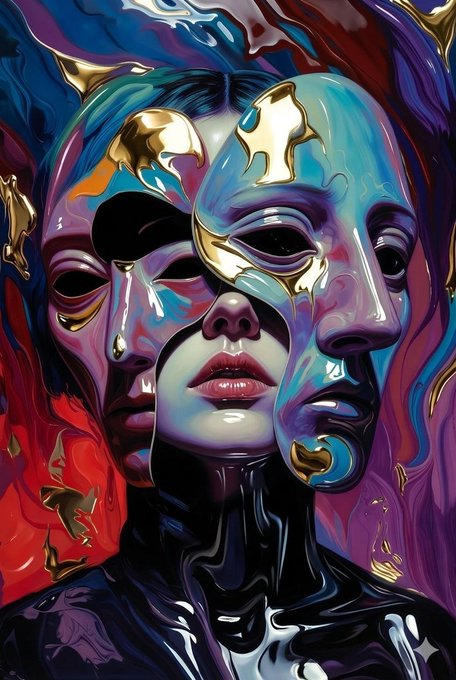 A surreal, abstract digital artwork featuring multiple overlapping, distorted faces in vibrant blue, purple, red, and gold tones.