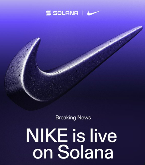 A purple promotional graphic showing a textured Nike swoosh with the text 'SOLANA', 'Breaking News', and 'NIKE is live on Solana'.