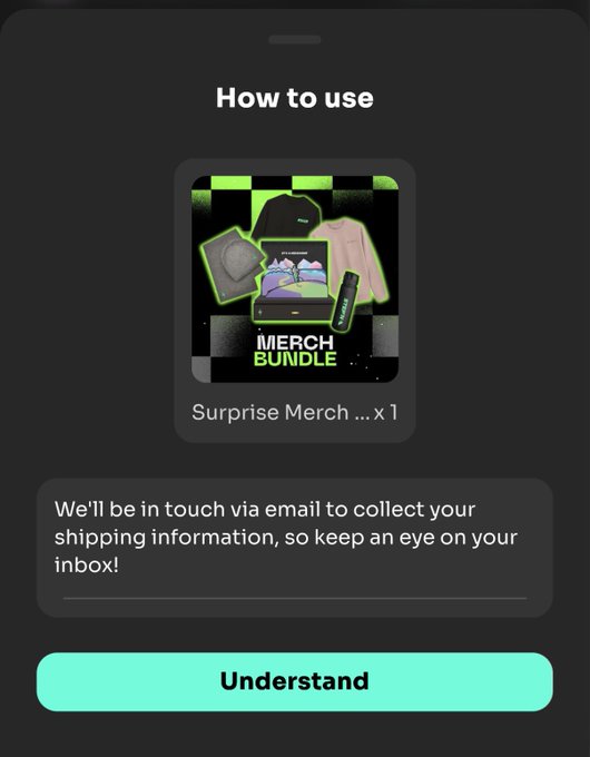 A mobile app screen titled 'How to use' displays a 'Surprise Merch ... x 1' bundle image and a message reading 'We'll be in touch via email to collect your shipping information, so keep an eye on your inbox!' above an 'Understand' button.