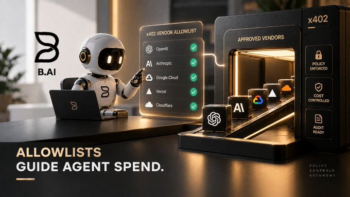 A promotional graphic for B.AI featuring a robot character next to a vendor allowlist screen showing approved AI vendors including OpenAI, Anthropic, Google Cloud, Vercel, and Cloudflare, with the tagline 'ALLOWLISTS GUIDE AGENT SPEND.'