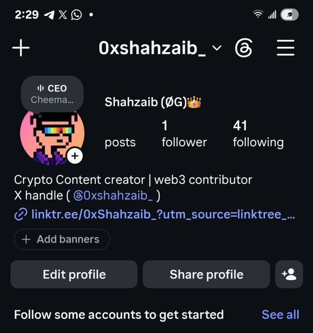 A social media profile page for '0xshahzaib_' describing themselves as a 'Crypto Content creator | web3 contributor' with 1 post, 41 followers, and 1 following.