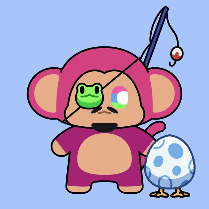Cartoon illustration of a pink monkey character with a green frog eye patch, holding a fishing rod and standing next to a blue spotted egg on a light blue background.