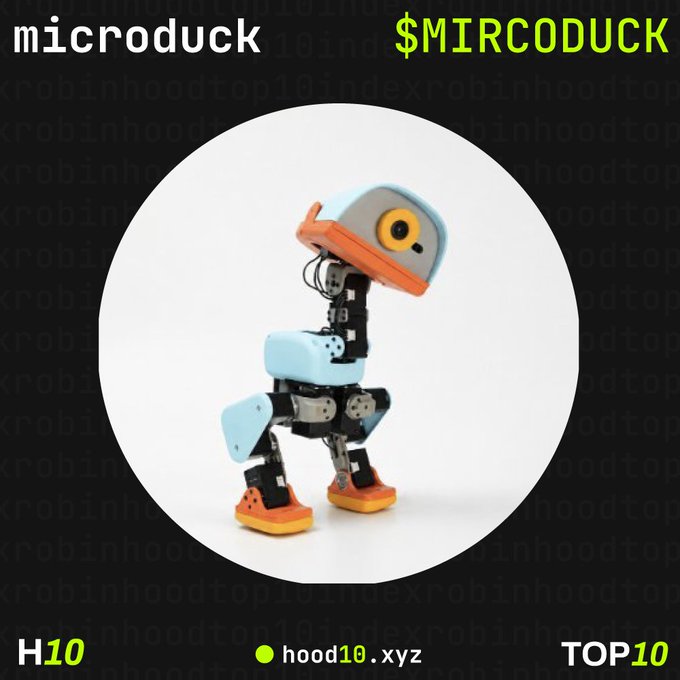 A small robotic duck toy with an orange beak and blue body is displayed in a circular frame, with the text "microduck" and ticker "$MIRCODUCK" at the top, alongside "H10" and "TOP10" markers and "hood10.xyz" branding. The image serves as a visual representation of the $MIRCODUCK token's ranking on the Robinhood Top 10 Index, reinforcing the post's theme of the token maintaining its position in the rankings.