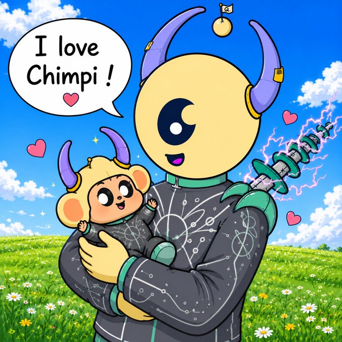A cute cartoon image shows a large horned character with crescent moon features holding a small horned monkey chimp, with a speech bubble reading "I love Chimpi!" surrounded by floating hearts in a sunny meadow setting. The illustration visually represents the Chimpi character's affection for Chimpers, reinforcing the post's message about how Chimpers connects with other characters to create a cohesive world.