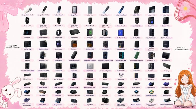 A pink-themed infographic titled 'Top 100 world wallets' displaying a grid of numerous hardware cryptocurrency wallet devices, including Ledger, Trezor, SafePal, and BitBox models, framed by anime-style characters.