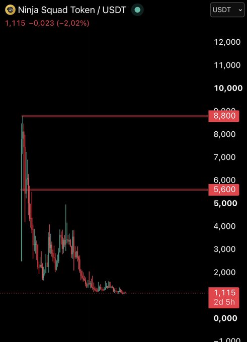 A price chart shows the Ninja Squad Token (NST) on Solana trading at 1,115 USDT, down 2.02% (-0.023), having collapsed from highs of 8,800 and 5,600 USDT to near zero—a stark visual suggesting the team has abandoned the project, fueling the post's accusation that developers sold off and left holders with a worthless token.