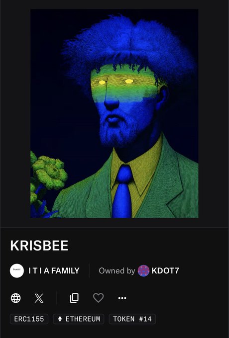 A surreal blue-and-green tinted portrait of a wide-eyed man in a suit with a glowing yellow tie is displayed as an NFT titled "KRISBEE" from the ITIA Family collection (Token #14, ERC1155 on Ethereum), owned by KDOT7, marking the collection's launch onchain as a story-driven identity project.